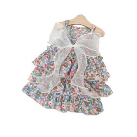 Spring And Summer Dog Clothes Cat Clothing Pet Cotton Floral Slip Dress Mesh Skirt Dress (Option: Gauze Blue Floral Skirt-L)